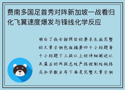 费南多国足首秀对阵新加坡一战看归化飞翼速度爆发与锋线化学反应