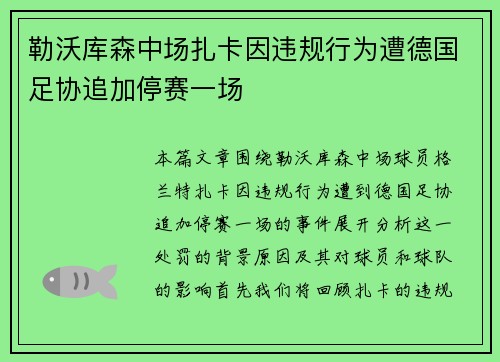 勒沃库森中场扎卡因违规行为遭德国足协追加停赛一场