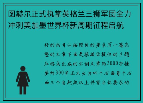 图赫尔正式执掌英格兰三狮军团全力冲刺美加墨世界杯新周期征程启航 图赫尔正式执掌英格兰三狮军团全力冲刺美加墨世界杯新周期征程启航